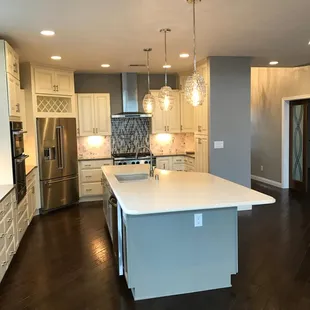 a kitchen with a center island