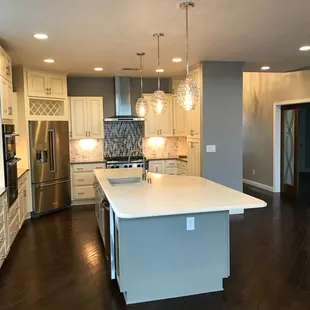 a kitchen with a center island