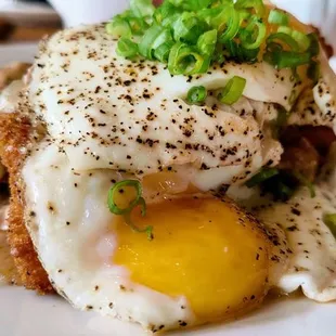 The fried cutlet is delicious and a great portion for the price. The smoked pork shoulder hash was skimpy wimpy.