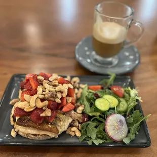 Strawberry cashew butter toast with salad (drizzled with an orange vinaigrette), cafe latte lavendar
