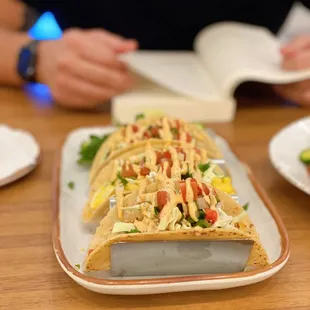 Tacos - grilled portobello, soyrizo, chimichurri vegan "chicken"