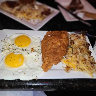 Fried Catfish, Cheesy hashbrowns &amp; Eggs