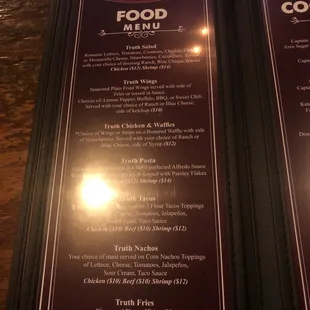 a menu for the truth lounge