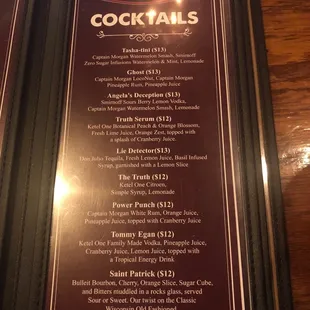 a menu for cocktails