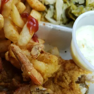 Fried shrimp, fried fish, fries &amp; cabbage