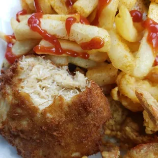 Crab cake (very little filling), fries, &amp; shrimp