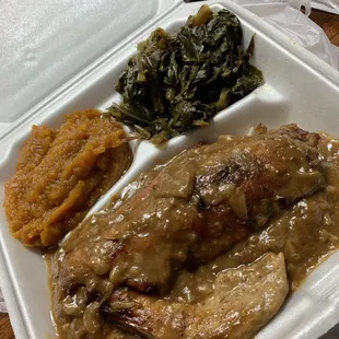 Turkey wing, yams, and greens