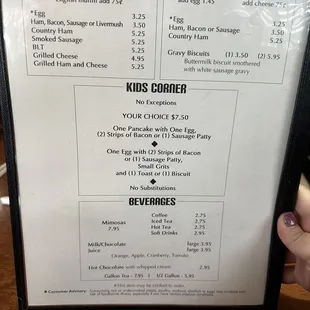 Back of the breakfast menu