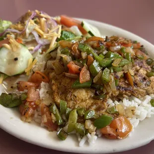 Juicy Cajun Chicken over rice w/ side salad