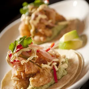 Shrimp Tacos with avocado, red onion &amp; Aji crema