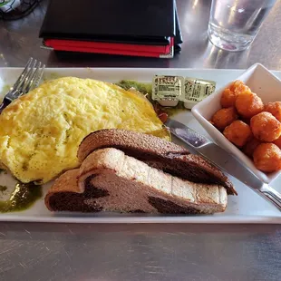 Tryst Omelette, sweet potato tots, rye toast.