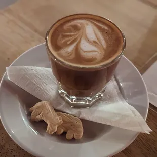 Cortado with an extra shot of expresso, oat milk, and animal crackers.