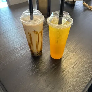Mango bubble tee with Mango bursting topping and a new one we&apos;ve never had!! Both are amazing!