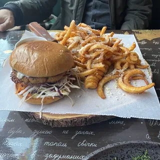 Mama Gena's Pork Burger w curly fries