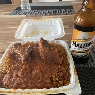 Rice and Goat meat with Maltina drink