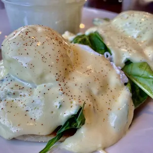 Corned Beef hash Florentine poached egg Benedict with grits