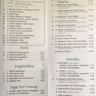 Chef's specials and other entrees