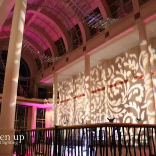 Tsakopoulos Library Galleria Wedding Hot Pink Uplighting Monogram Pattern Sacramento | Brighten Up Event Lighting