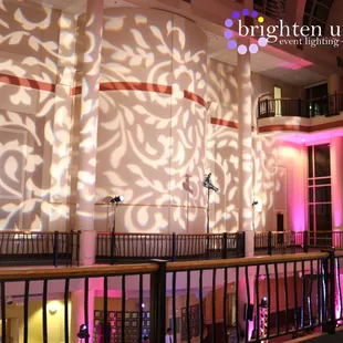 Tsakopoulos Library Galleria Wedding Hot Pink Uplighting Design Monogram Pattern Light Sacramento | Brighten Up Event Lighting