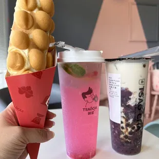 Bubble waffle, mojito, and Double Purple Milk Tea with Bubble