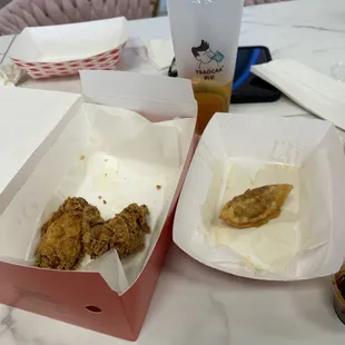 Chicken wings, pork dumplings, mango tea