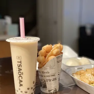 Milk tea, egg waffle