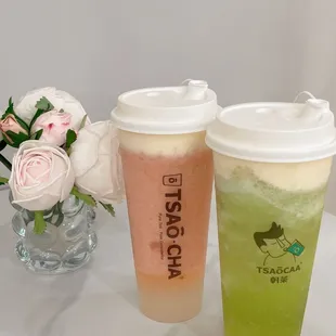 Iced Guava Green Tea W. Milk Foam &amp; Crystal Pearl Iced Muscat Grape Green Tea W. Crystal Pearl &amp; Milk Foam