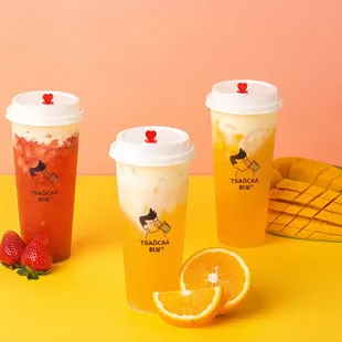 Strawberry, orange, mango latte with cheese foam