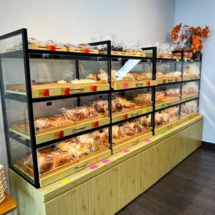 a display case of baked goods