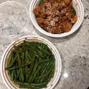 Szchuan string beans (terrible) ordered general tso, got sesame chicken...which wasn&apos;t bad