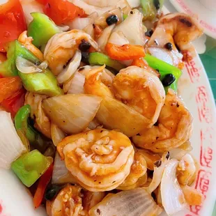 Prawns with Black Bean Sauce --get this. Delish and not too salty.