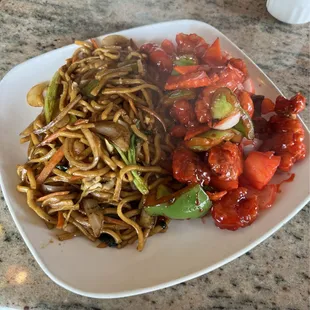 Sweet and sour pork with chow mein