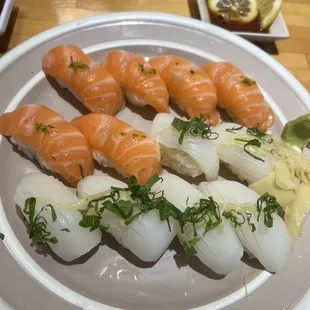 Salmon and squid nigiri