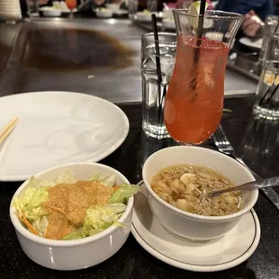 Mushroom soup and salad w amazing ginger dressing, Singapore sling is my cocktail