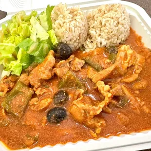 Pastele Stew, brown ribbon rice, toss salad : )