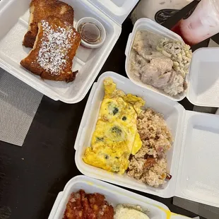 French toast, mushroom chicken and Mac, fried rice and a spinach omelette, cornbeef hash and runny egg