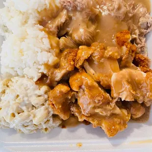 Roast pork and chicken cutlet with Mac and rice