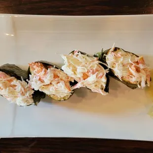 Two orders of Snow crab nigiri!