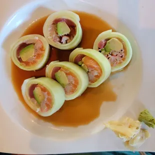 Rainbow roll, with cucumber instead of seaweed, sans rice.