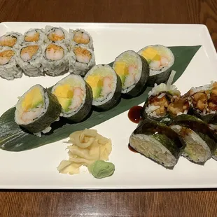 Spicy shrimp roll, futo maki, shrimp tempura roll