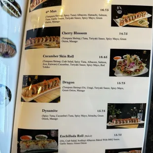 the menu for special rolls