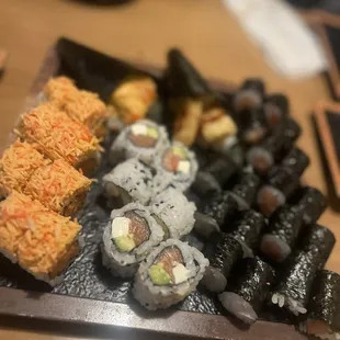 Sexy girl roll, Philadelphia roll, salmon roll, and Escobar roll