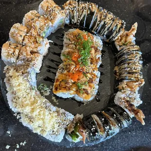 Crawfish Under Cheese,  
 Salmon Crunchy, Salmon Tempura, shrimp tempura,