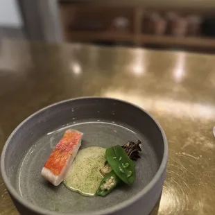 Kinmedai with Maitake, okra, snap pea and yuzu matcha sauce