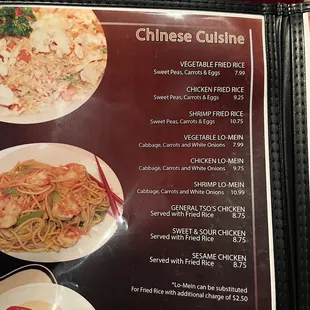 a menu for chinese cuisine at a restaurant