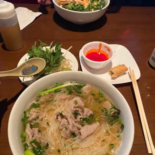 Pho with well done steak, charbroiled chicken vermicelli