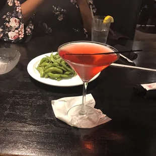 Watermelon Martini and Spicy Garlic Edamame.