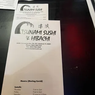 Menu with a sushi menu available