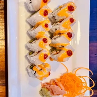 a plate of sushi rolls