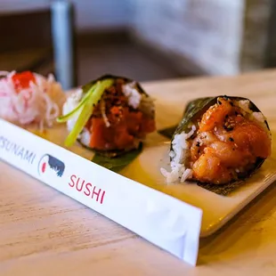 Spicy Yellowtail, spicy tuna handrolls